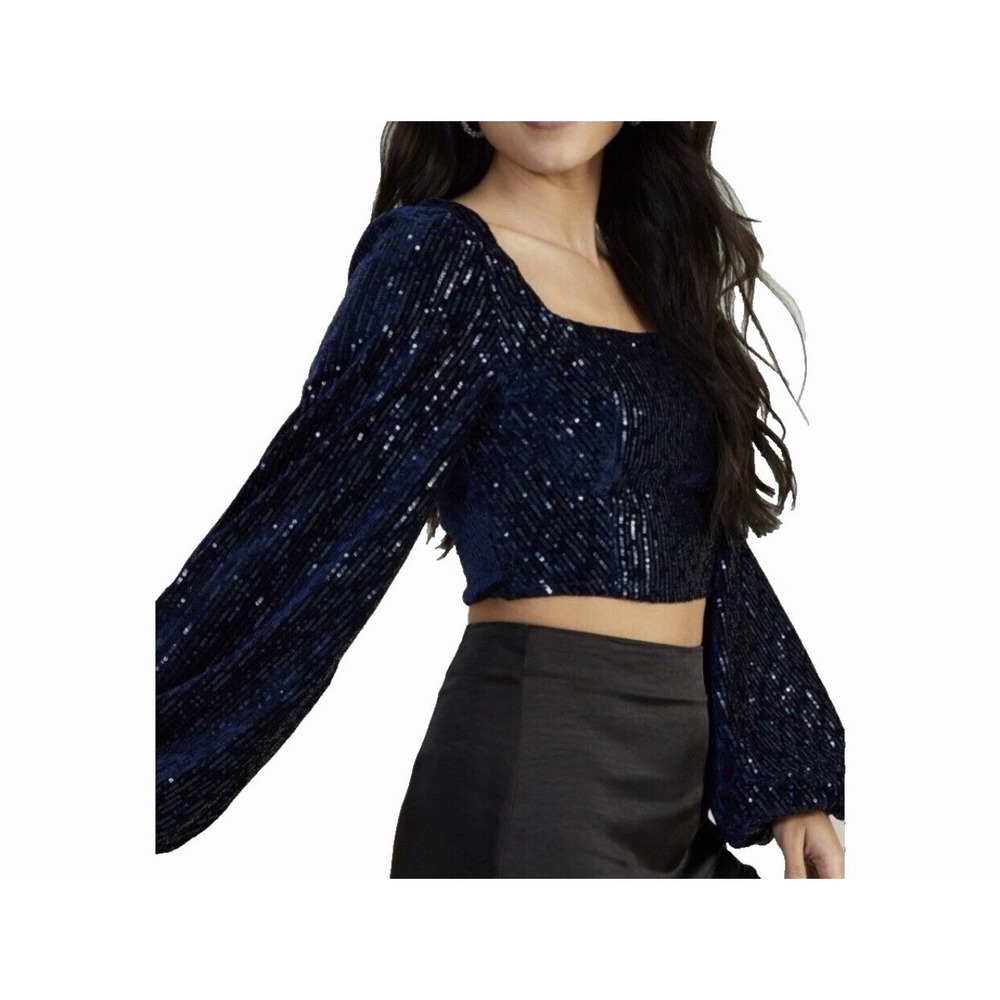 Altar'd State Sequins Blue Crop Top Puff Long Sleeve Smoked Boho Preppy L